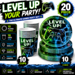 Video Game Birthday Party Supplies, Level Up Gaming Party Decorations for Boys Kids Gamer Party Tableware Set with 10 Paper Plates & Cups, Video Game Controller Birthday Decorations Set of 20 Pcs - Image 7