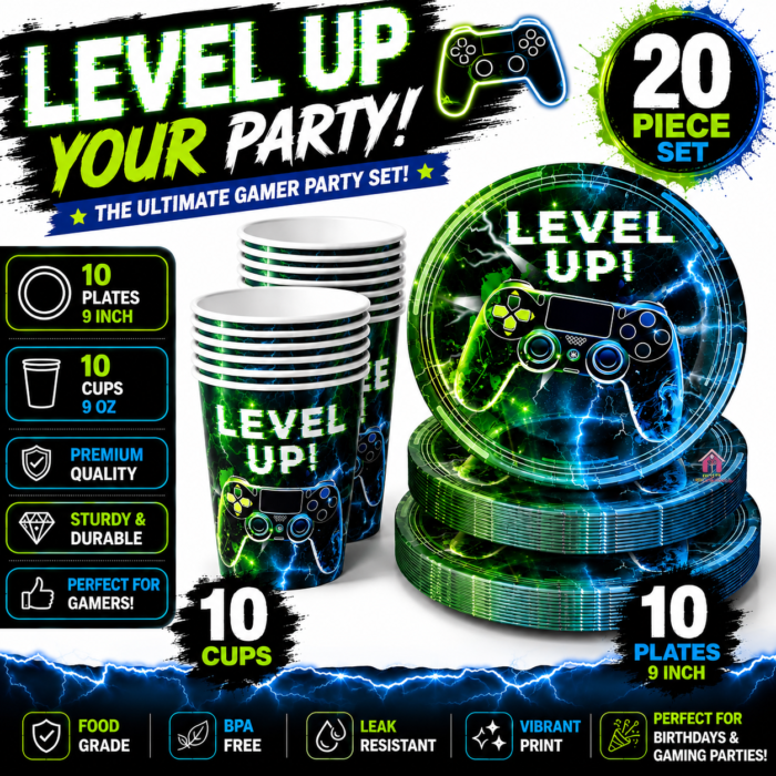 Video Game Birthday Party Supplies, Level Up Gaming Party Decorations for Boys Kids Gamer Party Tableware Set with 10 Paper Plates & Cups, Video Game Controller Birthday Decorations Set of 20 Pcs - Image 7