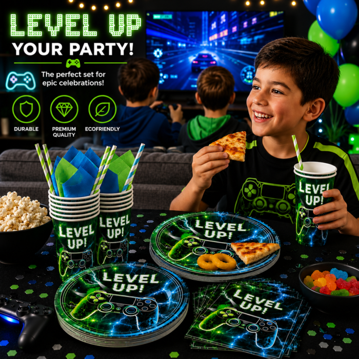 Video Game Birthday Party Supplies, Level Up Gaming Party Decorations for Boys Kids Gamer Party Tableware Set with 10 Paper Plates & Cups, Video Game Controller Birthday Decorations Set of 20 Pcs - Image 8