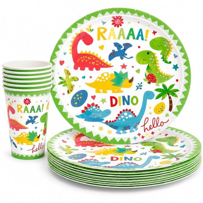 Dinosaur Birthday Party Supplies for Kids, Dino Birthday Decorations with Paper Plates & Cups, Colorful Dinosaur Party Tableware Set for Kids, Dinosaur Theme Party Supplies Set of 20 - Image 2