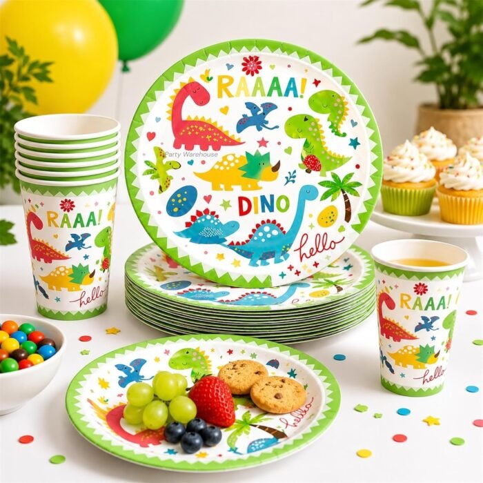 Dinosaur Birthday Party Supplies for Kids, Dino Birthday Decorations with Paper Plates & Cups, Colorful Dinosaur Party Tableware Set for Kids, Dinosaur Theme Party Supplies Set of 20 - Image 3
