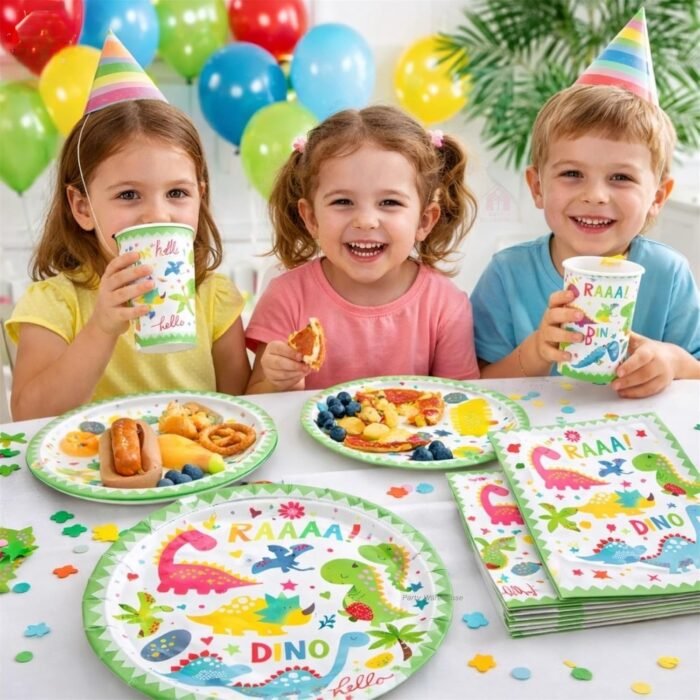 Dinosaur Birthday Party Supplies for Kids, Dino Birthday Decorations with Paper Plates & Cups, Colorful Dinosaur Party Tableware Set for Kids, Dinosaur Theme Party Supplies Set of 20 - Image 4