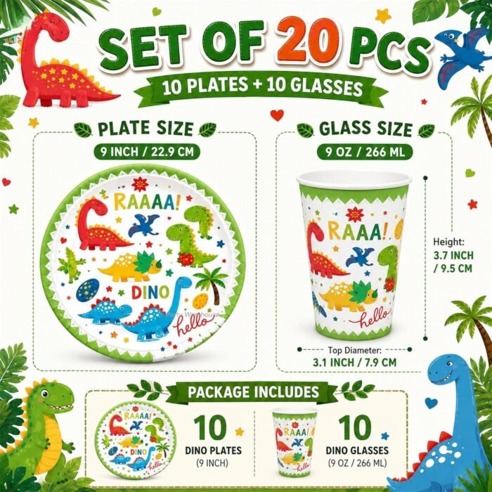 Dinosaur Birthday Party Supplies for Kids, Dino Birthday Decorations with Paper Plates & Cups, Colorful Dinosaur Party Tableware Set for Kids, Dinosaur Theme Party Supplies Set of 20 - Image 6