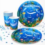 Under The Sea Birthday Party Supplies for Kids, Ocean Theme Paper Plates & Cups Set, Shark Fish Sea Animal Birthday Tableware, Disposable Party Plates Cups for Boys Girls - 20 Pcs