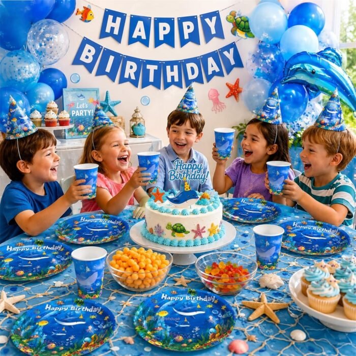 Under The Sea Birthday Party Supplies for Kids, Ocean Theme Paper Plates & Cups Set, Shark Fish Sea Animal Birthday Tableware, Disposable Party Plates Cups for Boys Girls - 20 Pcs - Image 3