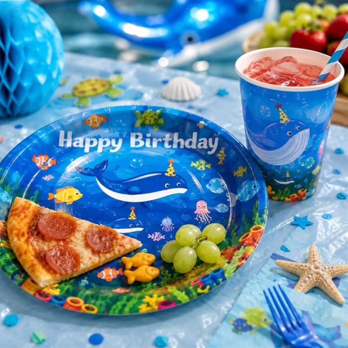 Under The Sea Birthday Party Supplies for Kids, Ocean Theme Paper Plates & Cups Set, Shark Fish Sea Animal Birthday Tableware, Disposable Party Plates Cups for Boys Girls - 20 Pcs - Image 5