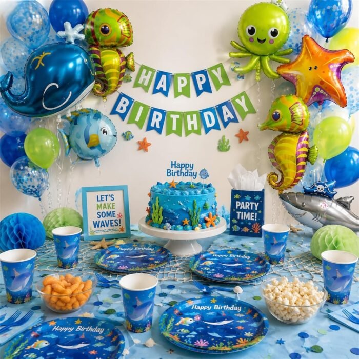 Under The Sea Birthday Party Supplies for Kids, Ocean Theme Paper Plates & Cups Set, Shark Fish Sea Animal Birthday Tableware, Disposable Party Plates Cups for Boys Girls - 20 Pcs - Image 6