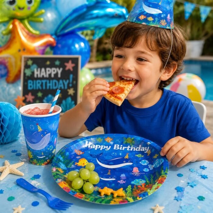 Under The Sea Birthday Party Supplies for Kids, Ocean Theme Paper Plates & Cups Set, Shark Fish Sea Animal Birthday Tableware, Disposable Party Plates Cups for Boys Girls - 20 Pcs - Image 7