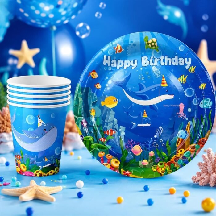 Under The Sea Birthday Party Supplies for Kids, Ocean Theme Paper Plates & Cups Set, Shark Fish Sea Animal Birthday Tableware, Disposable Party Plates Cups for Boys Girls - 20 Pcs - Image 8