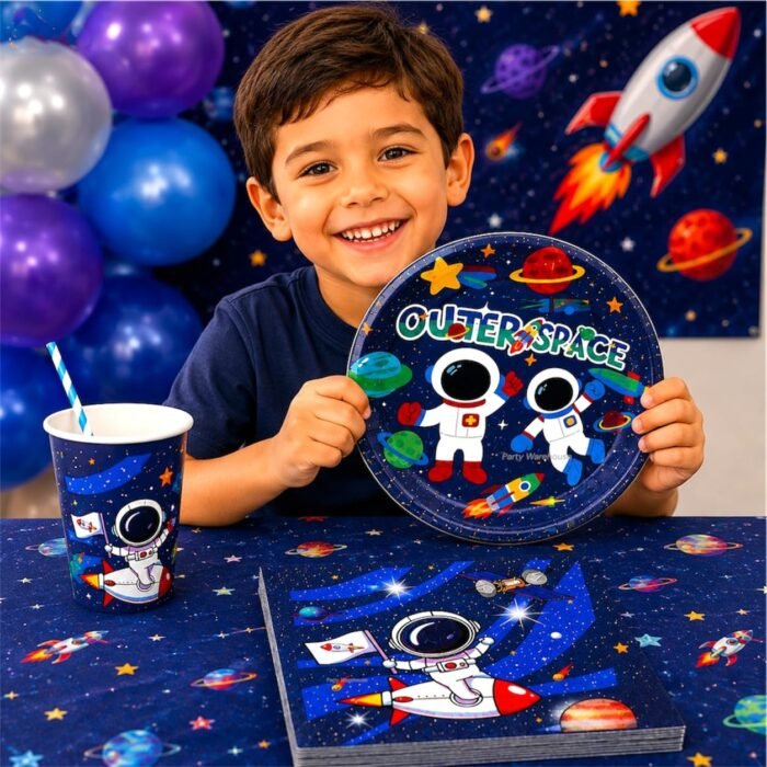 Space Birthday Party Supplies for Kids, Outer Space Party Decorations, Astronaut Birthday Plates, Cups and Napkins, Galaxy Space Party Tableware, Rocket Planet Paper Dinnerware for Boys Girls - 40Pcs - Image 4