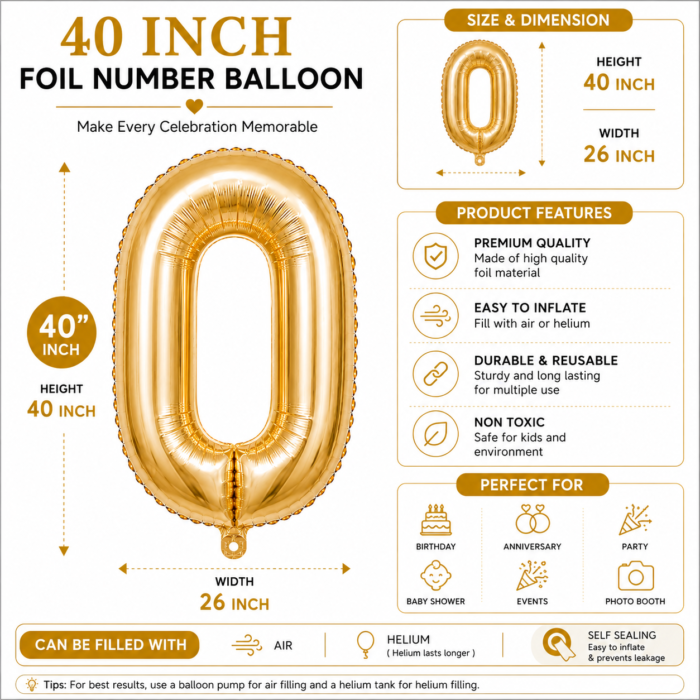 Number 0 Foil Balloon 40 Inch, White Gold Cream Champagne Metallic 40 Inch Number Zero Balloon for 10th Birthday Decoration, Anniversary, Party Decor & Photo Shoot - Image 3