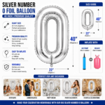 Silver Number 0 Foil Balloon 40 Inch | Large Metallic Number Zero Balloon for 10th, 50th Birthday, Anniversary, Kids Birthday Party Decoration, Photo Backdrop & Celebration Decor - Image 3