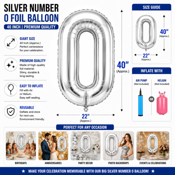 Silver Number 0 Foil Balloon 40 Inch | Large Metallic Number Zero Balloon for 10th, 50th Birthday, Anniversary, Kids Birthday Party Decoration, Photo Backdrop & Celebration Decor - Image 3