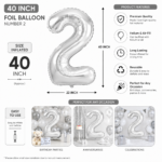 Silver Number 2 Foil Balloon 40 Inch | Large Metallic Number Two Balloon for 2nd Birthday, Anniversary, Kids Birthday Party Decoration, Photo Backdrop & Celebration Decor - Image 3
