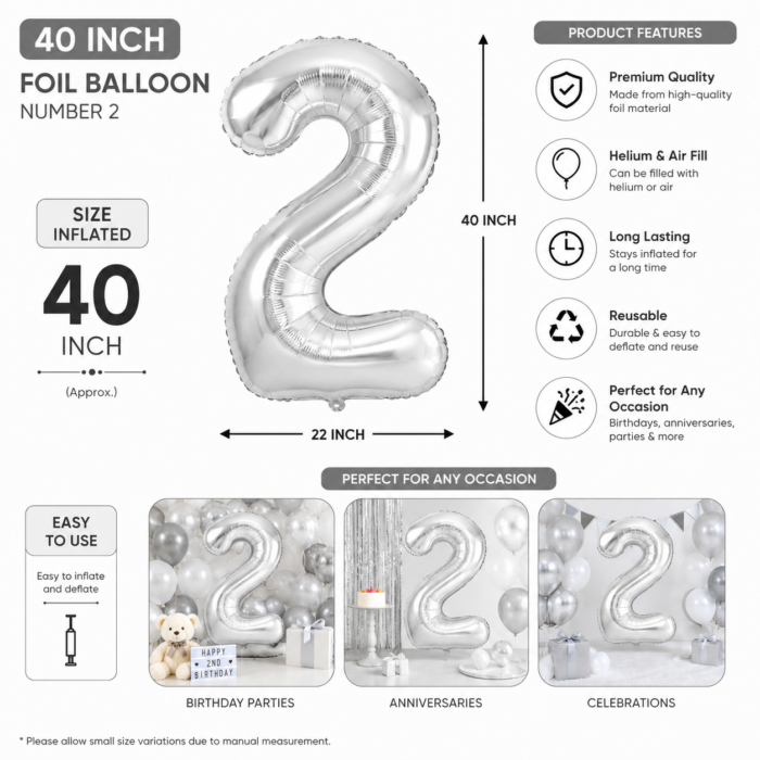 Silver Number 2 Foil Balloon 40 Inch | Large Metallic Number Two Balloon for 2nd Birthday, Anniversary, Kids Birthday Party Decoration, Photo Backdrop & Celebration Decor - Image 3