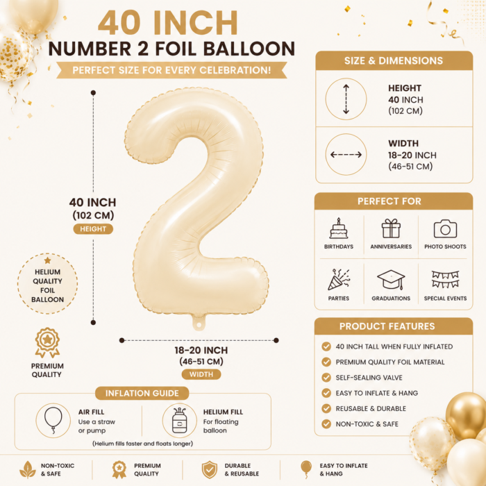 40 Inch Cream Number 2 Foil Balloon | Large 2 Number Balloon for 2nd Birthday Decoration | Beige Number Two Helium Balloon for Birthday, Anniversary, Party & Photo Shoot - Image 5