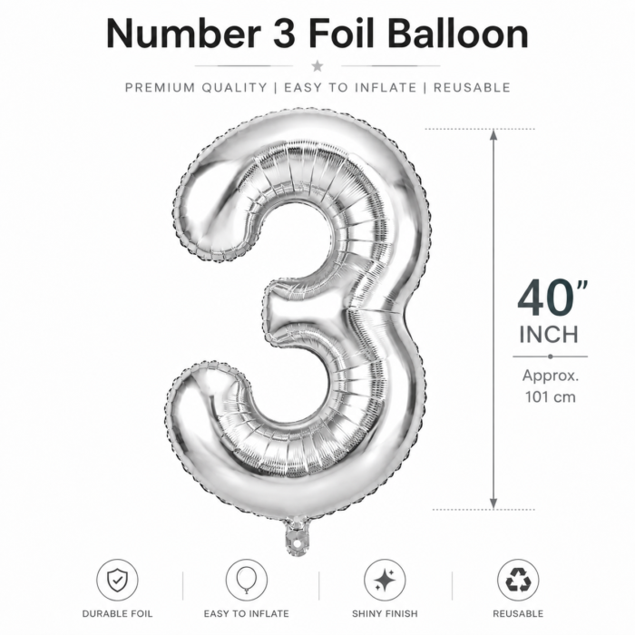 Silver Number 3 Foil Balloon 40 Inch | Large Metallic Number Three Balloon for 3rd Birthday, Anniversary, Kids Birthday Party Decoration, Photo Backdrop & Celebration Decor - Image 4