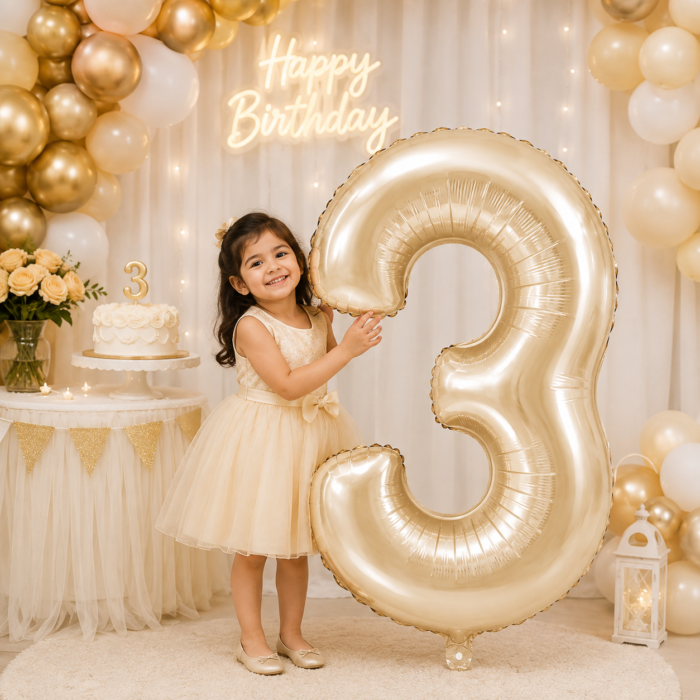 Number 3 Foil Balloon 40 Inch, White Gold Cream Champagne Metallic 40 Inch Number Three Balloon for 3rd Birthday Decoration, Anniversary, Party Decor & Photo Shoot - Image 3