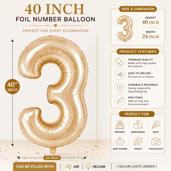 Number 3 Foil Balloon 40 Inch, White Gold Cream Champagne Metallic 40 Inch Number Three Balloon for 3rd Birthday Decoration, Anniversary, Party Decor & Photo Shoot - Image 4