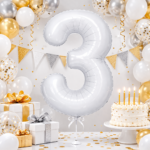 32 inch Large White 3 Number Foil Balloon, Number 3 Balloon for 3rd Birthday, Anniversary and Party Decorations, White Number Foil Balloons Helium Balloons for Kids Party, Pack of 1 (available 0-9) - Image 4