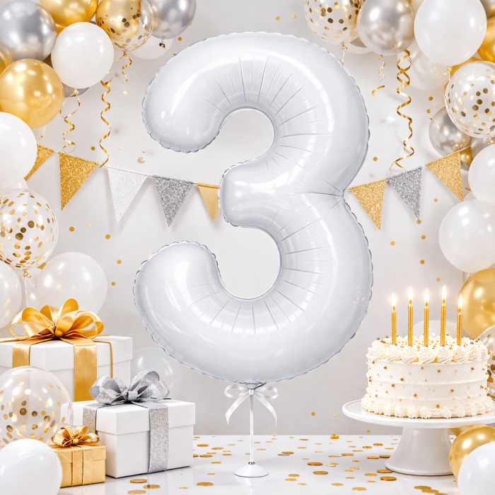 32 inch Large White 3 Number Foil Balloon, Number 3 Balloon for 3rd Birthday, Anniversary and Party Decorations, White Number Foil Balloons Helium Balloons for Kids Party, Pack of 1 (available 0-9) - Image 4