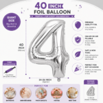 Silver Number 4 Foil Balloon 40 Inch | Large Metallic Number Four Balloon for 4th Birthday, Anniversary, Kids Birthday Party Decoration, Photo Backdrop & Celebration Decor - Image 4