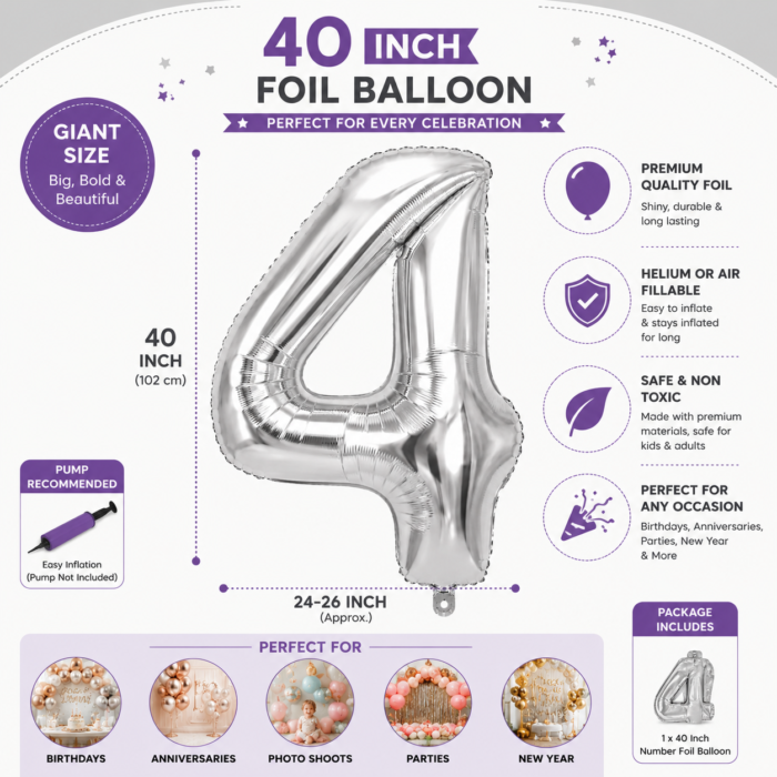 Silver Number 4 Foil Balloon 40 Inch | Large Metallic Number Four Balloon for 4th Birthday, Anniversary, Kids Birthday Party Decoration, Photo Backdrop & Celebration Decor - Image 4
