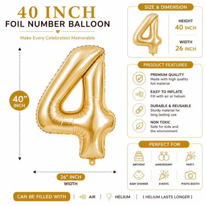 Number 4 Foil Balloon 40 Inch, White Gold Cream Champagne Metallic 40 Inch Number Four Balloon for 4th Birthday Decoration, Anniversary, Party Decor & Photo Shoot - Image 4