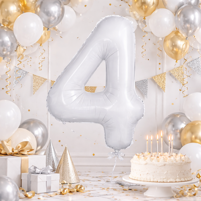 32 inch Large White 4 Number Foil Balloon, Number 4 Balloon for 4th Birthday, Anniversary and Party Decorations, White Number Foil Balloons Helium Balloons for Kids Party, Pack of 1 (available 0-9) - Image 3
