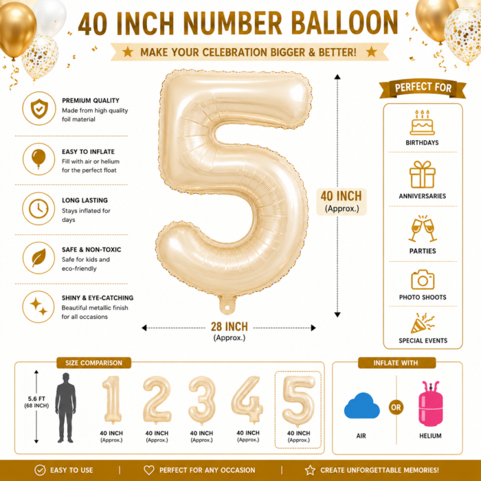 Number 5 Foil Balloon 40 Inch, White Gold Cream Champagne Metallic 40 Inch Number Five Balloon for 5th Birthday Decoration, Anniversary, Party Decor & Photo Shoot - Image 3