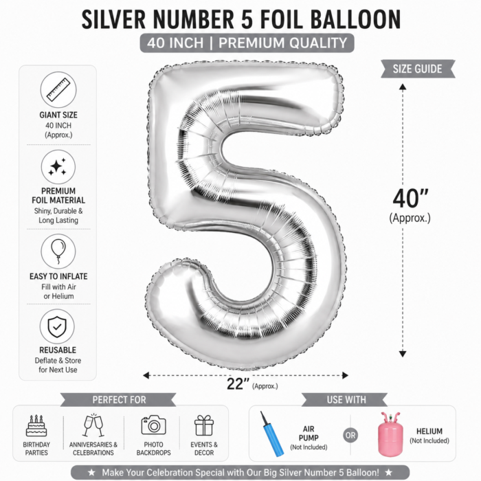 Silver Number 5 Foil Balloon 40 Inch | Large Metallic Number Five Balloon for 5th Birthday, Anniversary, Kids Birthday Party Decoration, Photo Backdrop & Celebration Decor - Image 4