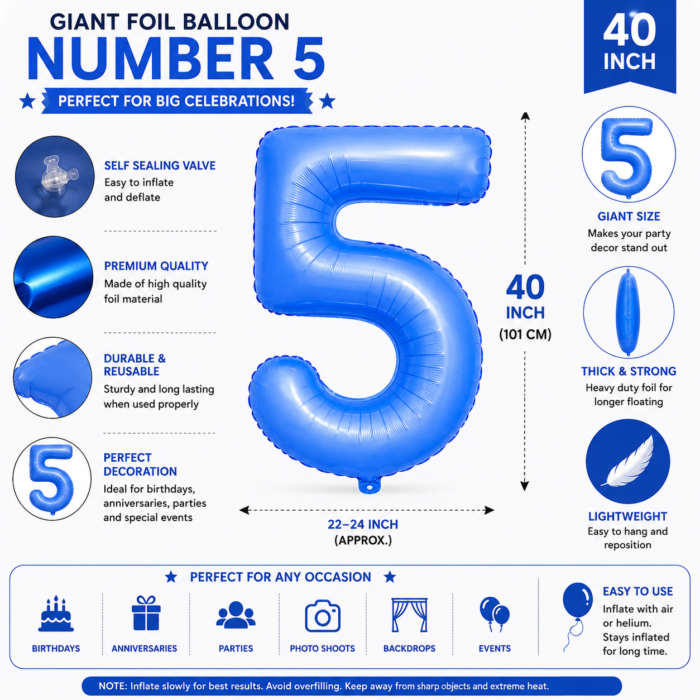 40 Inch Lotus Blue Number 5 Foil Balloon for 5th Birthday Decoration | Large Number Five Balloon for Fifth Birthday Party, Photo Shoot, Backdrop & Balloon Decoration | Air & Helium Supported - Image 4