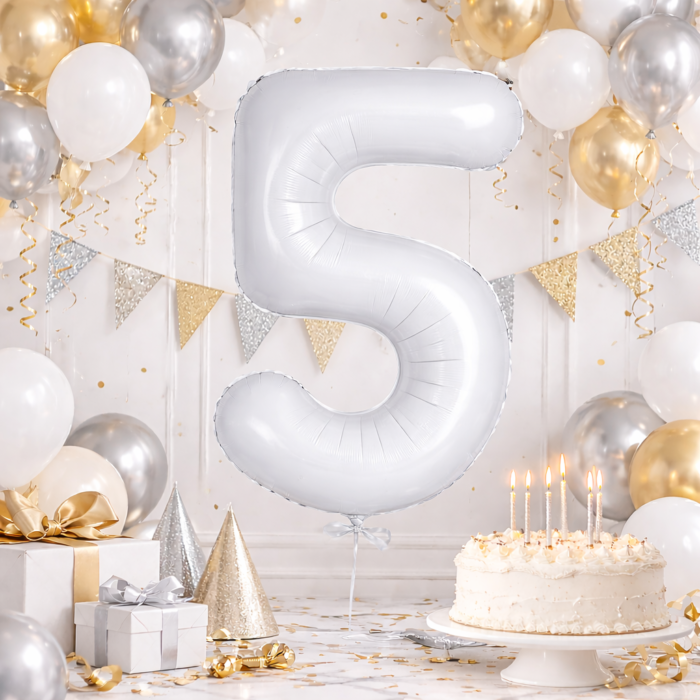 32 inch Large White 5 Number Foil Balloon, Number 5 Balloon, for Birthday, Anniversary and Party Decorations, White Number Foil Balloons Big Helium Balloons for Kids Party, Pack of 1 (available 0-9) - Image 3
