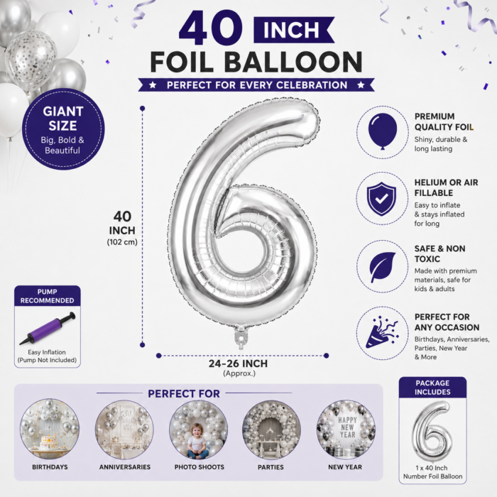 Silver Number 6 Foil Balloon 40 Inch | Large Metallic Number Six Balloon for 6th Birthday, Anniversary, Kids Birthday Party Decoration, Photo Backdrop & Celebration Decor - Image 4