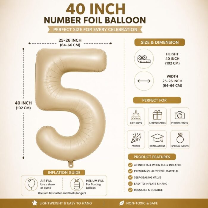 Number 5 Foil Balloon 40 Inch, Cream - Image 2