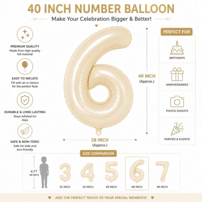 Number 6 Foil Balloon 40 Inch, Cream - Image 2