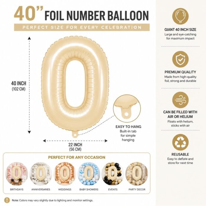 Number 0 Foil Balloon 40 Inch, Cream - Image 2