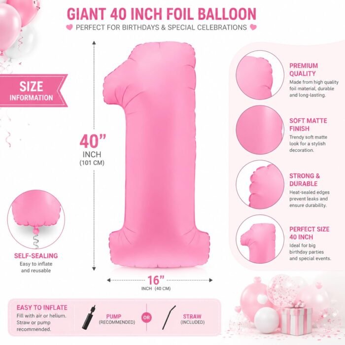 Number 1 Foil Balloon 40 Inch, Pink - Image 2