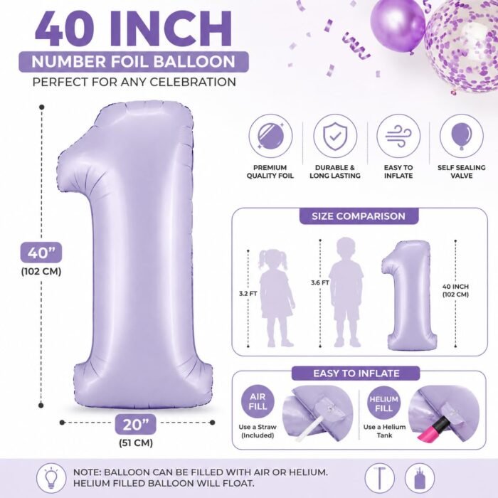 Number 1 Foil Balloon 40 Inch, Lilac - Image 2