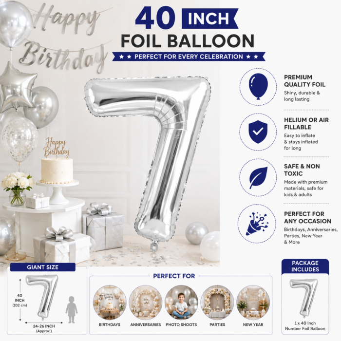 Silver Number 7 Foil Balloon 40 Inch | Large Metallic Number Seven Balloon for 7th Birthday, Anniversary, Kids Birthday Party Decoration, Photo Backdrop & Celebration Decor - Image 2
