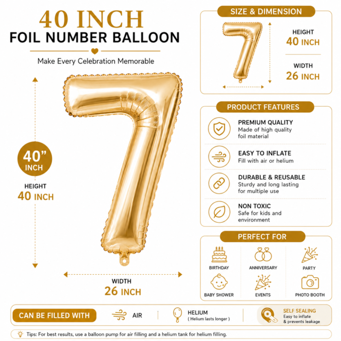 Number 7 Foil Balloon 40 Inch, White Gold Metallic 40 Inch Number Seven Balloon for 7th Birthday Decoration, Anniversary, Party Decor & Photo Shoot - Image 4