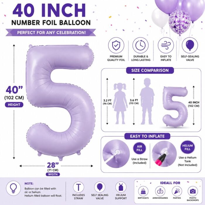 Number 5 Foil Balloon 40 Inch, Lilac - Image 2