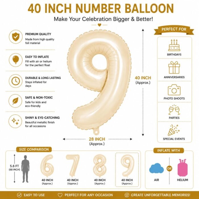 Number 9 Foil Balloon 40 Inch, Cream - Image 2