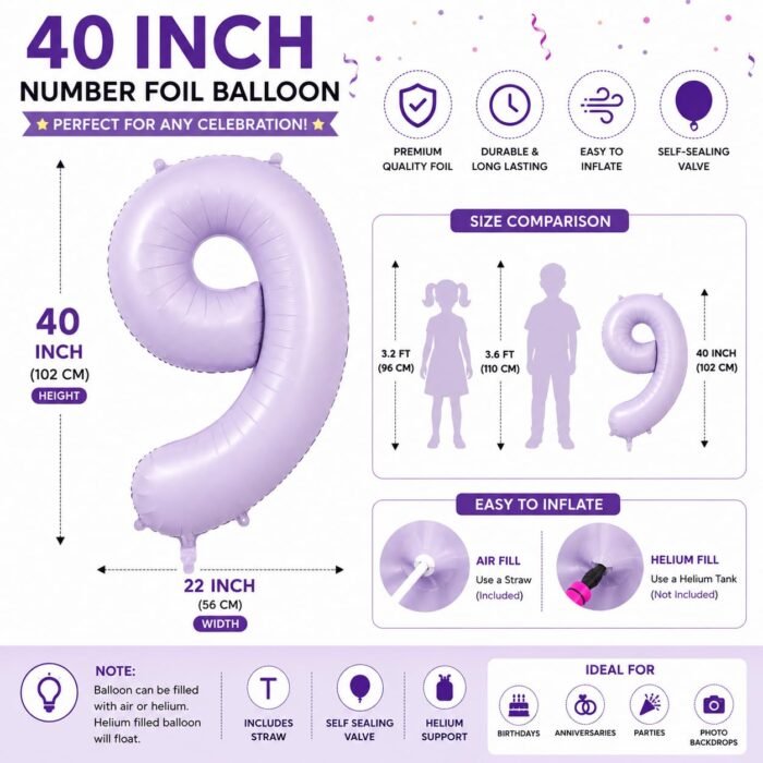 Number 9 Foil Balloon 40 Inch, Lilac - Image 2