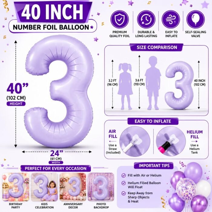 Number 3 Foil Balloon 40 Inch, Lilac - Image 2