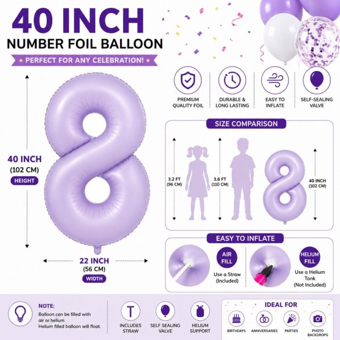 Number 8 Foil Balloon 40 Inch, Lilac - Image 2