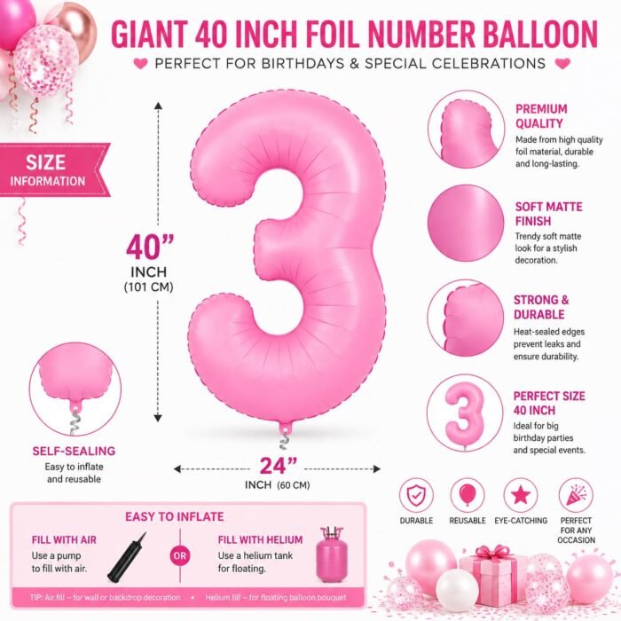 Number 3 Foil Balloon 40 Inch, Pink - Image 2