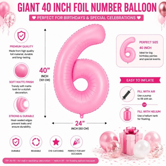 Number 6 Foil Balloon 40 Inch, Pink - Image 2