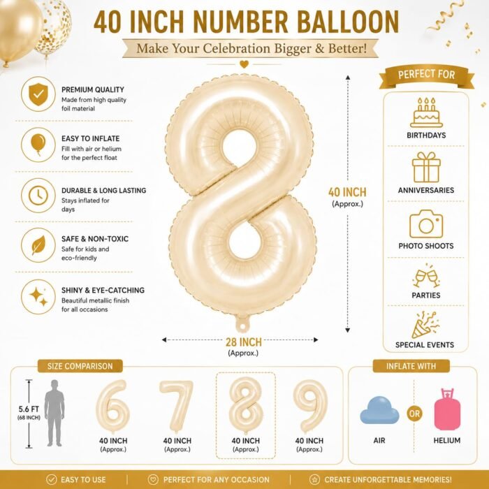 Number 8 Foil Balloon 40 Inch, Cream - Image 2