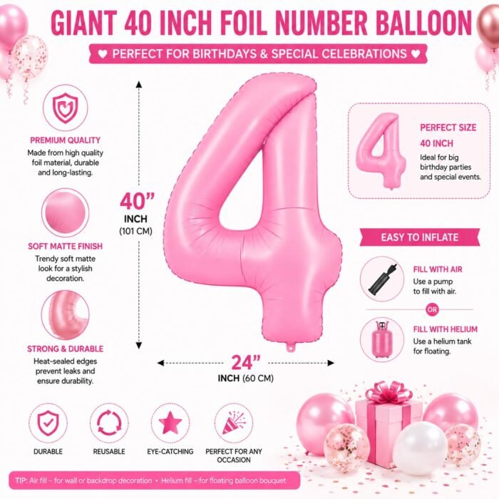 Number 4 Foil Balloon 40 Inch, Pink - Image 2